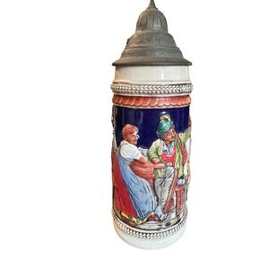 Vintage Gerz German Beer Stein Lidded Tavern Scene Relief Ceramic Germany 9.5in